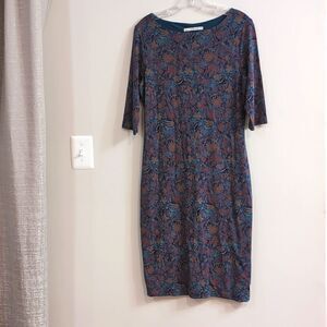 Peruvian Connections Fall Print Boat neck Pima Cotton Dress Sz M